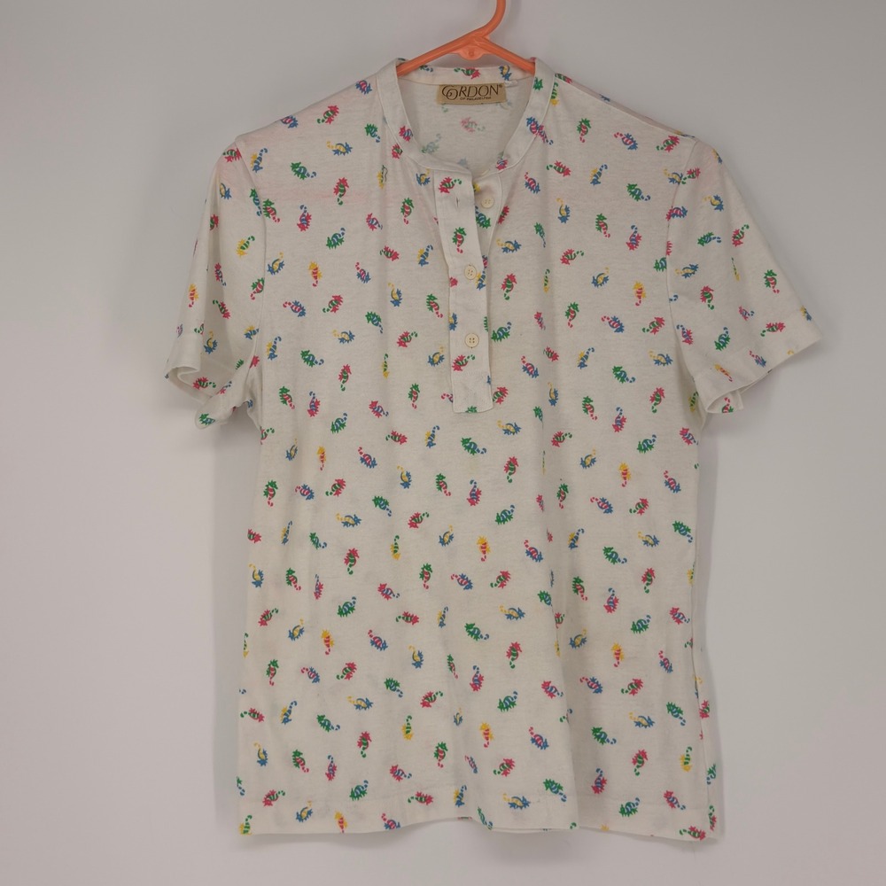 Gordon of Philadelphia Henley Top Women XL White Seahorse Print VTG 80s Nautical